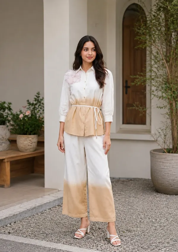 White_Beige_Ombre_Shirt_And_Wide_Leg_Pants_Set_for_Women