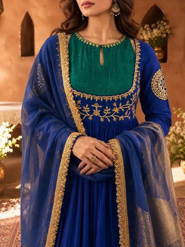 Royal_Blue_And_Green_Mull_Chanderi_And_Fancy_Silk_Co-Ord_Set_For_Women