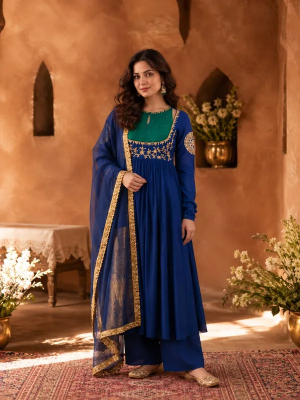 Royal_Blue_And_Green_Mull_Chanderi_And_Fancy_Silk_Co-Ord_Set_For_Women
