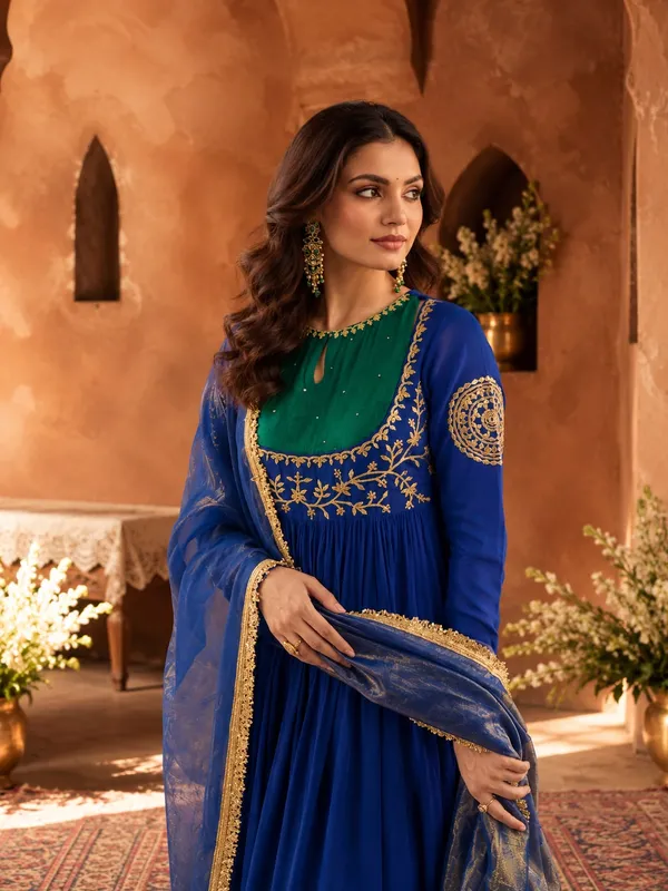 Royal_Blue_And_Green_Mull_Chanderi_And_Fancy_Silk_Co-Ord_Set_For_Women