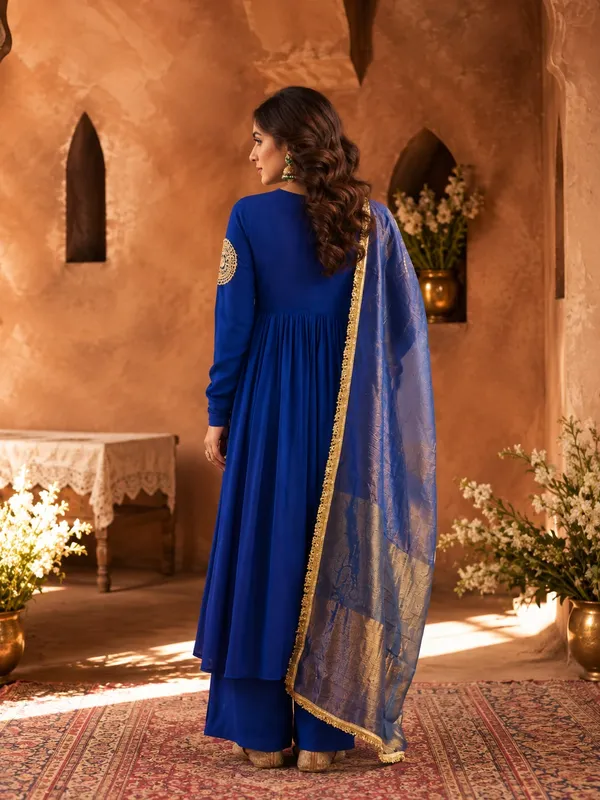 Royal_Blue_And_Green_Mull_Chanderi_And_Fancy_Silk_Co-Ord_Set_For_Women