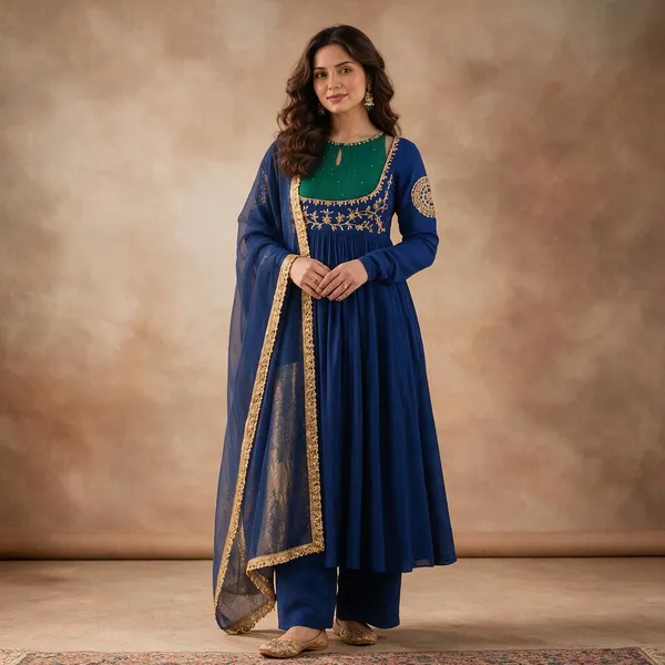 Royal_Blue_And_Green_Mull_Chanderi_And_Fancy_Silk_Co-Ord_Set_For_Women