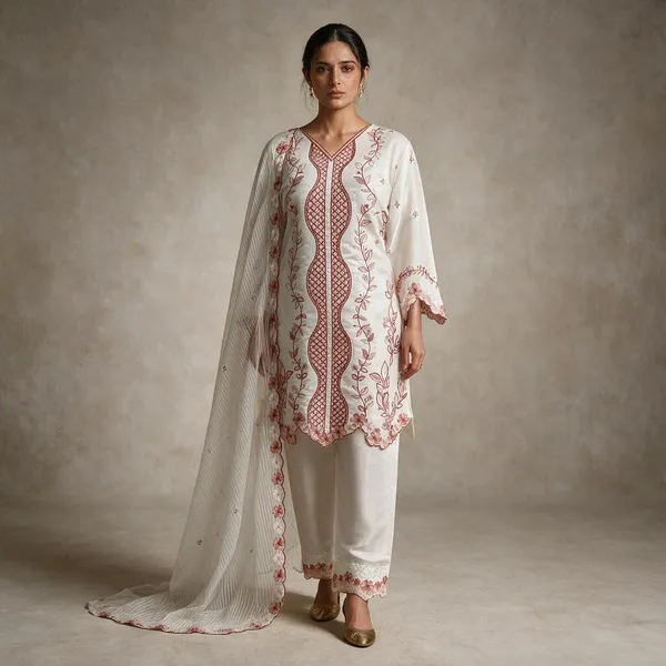 White_And_Red_Cotton_Embroidered_Cutwork_Suit_Set_For_Women