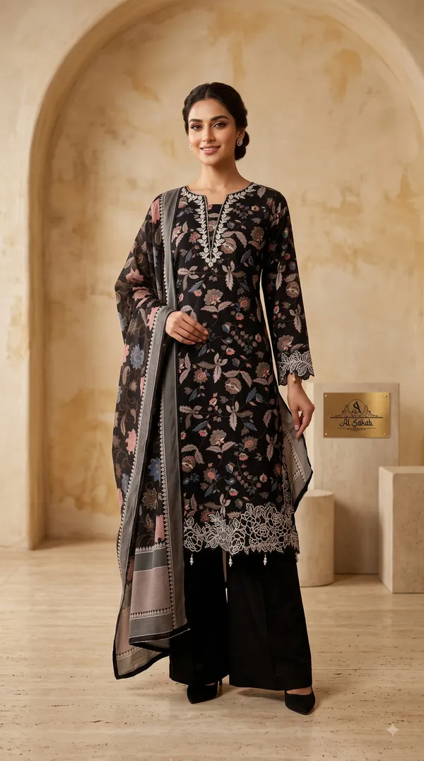 Black_Rayon_Foil_Print_Embroidered_Cutwork_Suit_Set_For_Women