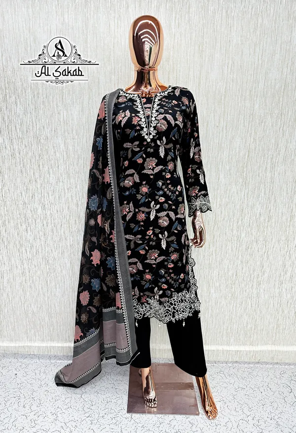 Black_Rayon_Foil_Print_Embroidered_Cutwork_Suit_Set_For_Women