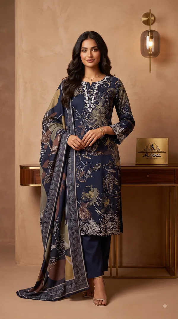 Navy_Blue_Rayon_Foil_Print_Embroidered_Cutwork_Suit_Set_For_Women