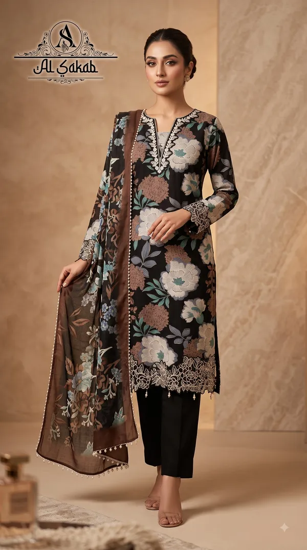 Black_Rayon_Foil_Print_Embroidered_Cutwork_Suit_Set_For_Women