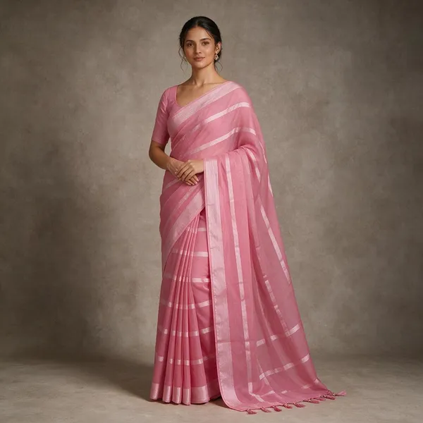 Pink_Georgette_Striped_Saree_With_Tassel_Border_For_Women