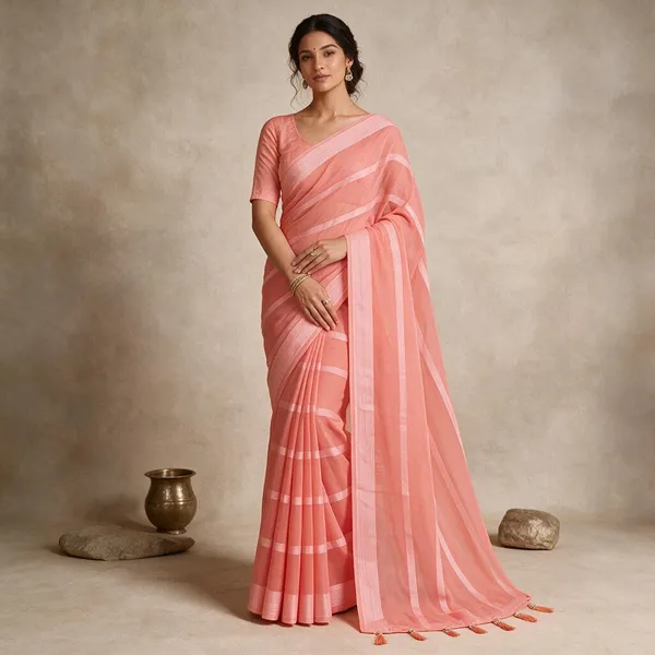 Pink_Georgette_Striped_Saree_With_Tassels_For_Women