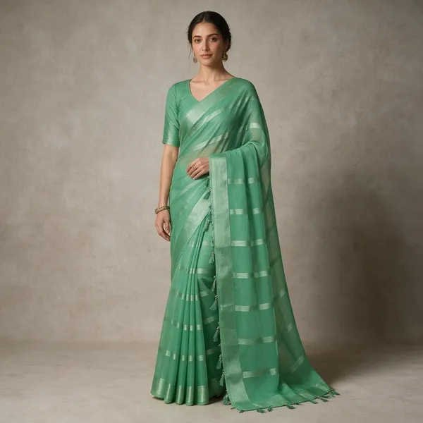 Green_Georgette_Striped_Saree_For_Women