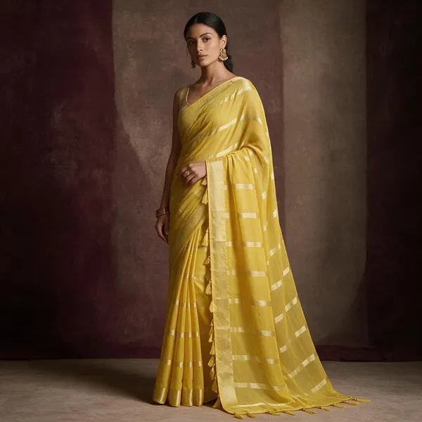 Yellow_Georgette_Striped_Saree_For_Women