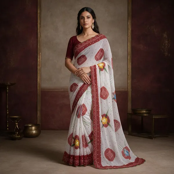 White_Sheer_Floral_Print_Saree_For_Women
