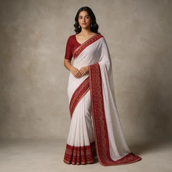 White_Printed_Saree_With_Red_Border_For_Women