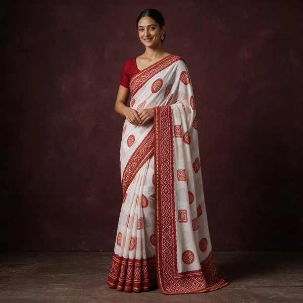 White_Printed_Saree_With_Red_Border_For_Women