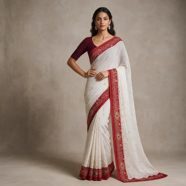 White_Net_Embroidered_Saree_For_Women