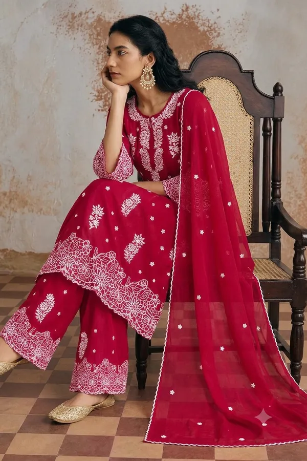 Maroon_Chanderi_Self_Strips_Straight_Chikankari_Suit_Set_For_Women