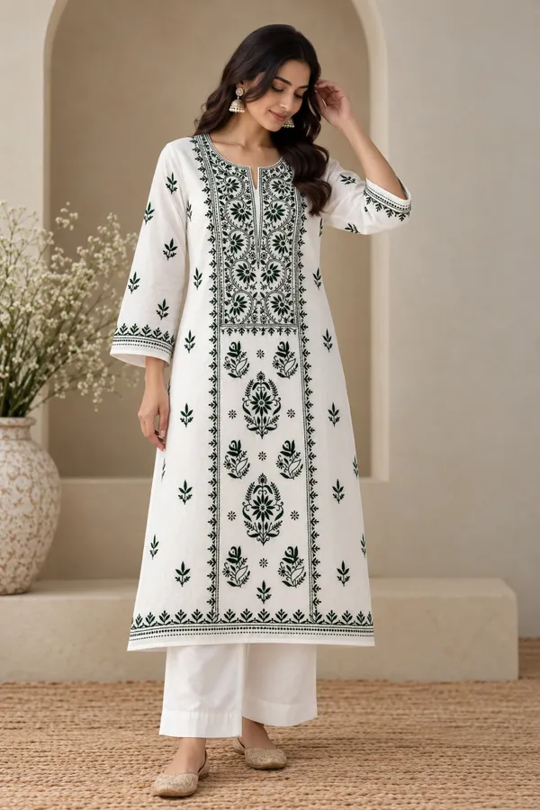 White_Printed_Kurta_Set_For_Women