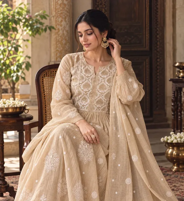Beige_Embroidered_Anarkali_Suit_Set_For_Women
