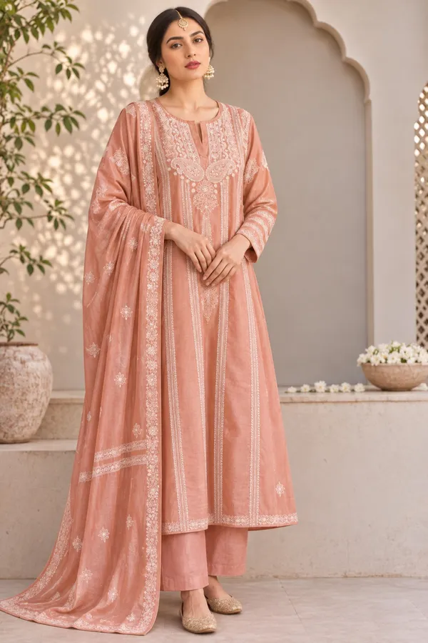 Peach_Embroidered_Straight_Fit_Kurta_Set_For_Women