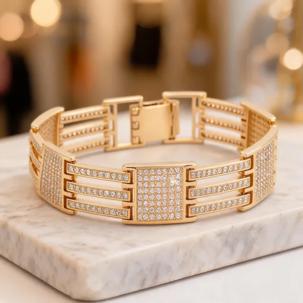 Gold_And_Black_Alloy_Rhinestone_Link_Bracelet_For_Women