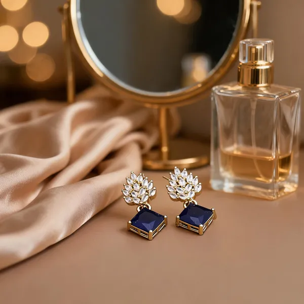 Blue_And_Gold_Alloy_Floral_Stone_Drop_Earrings_For_Women