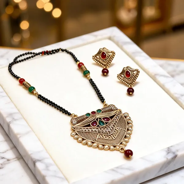 Gold_Alloy_Beaded_Statement_Pendant_Necklace_And_Earrings_Set_For_Women