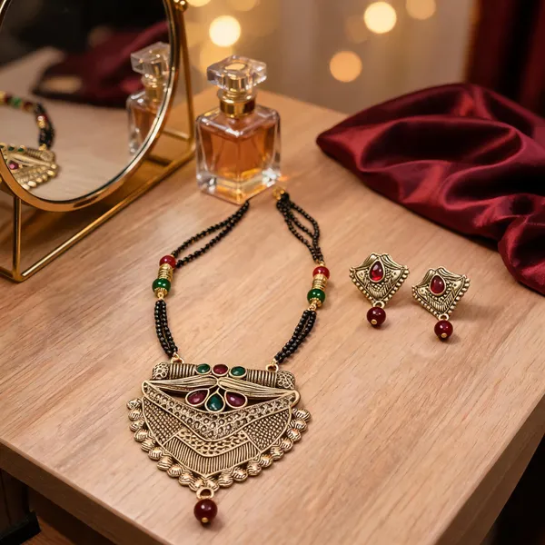Gold_Alloy_Beaded_Statement_Pendant_Necklace_And_Earrings_Set_For_Women