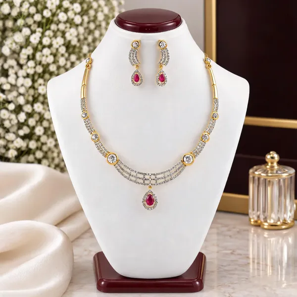 Gold_And_Pink_Alloy_Stone_Teardrop_Necklace_And_Earring_Set_For_Women