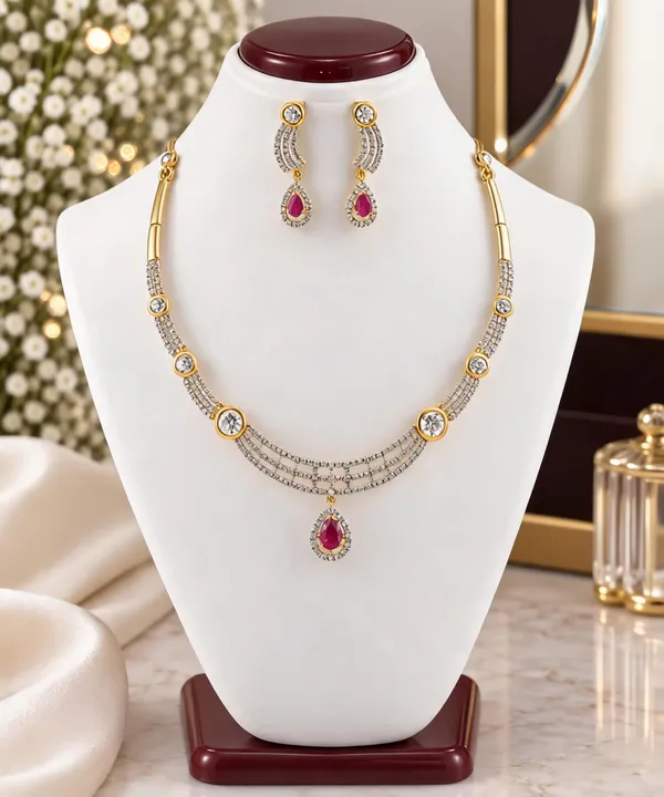 Gold_And_Pink_Alloy_Stone_Teardrop_Necklace_And_Earring_Set_For_Women