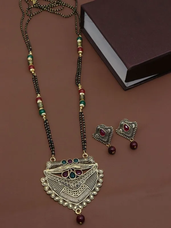 Gold_Tone_Beaded_Pendant_Necklace_And_Earrings_Set_For_Women