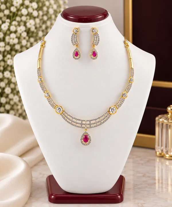Gold_Tone_Pink_Stone_Necklace_And_Earring_Set_for_Women