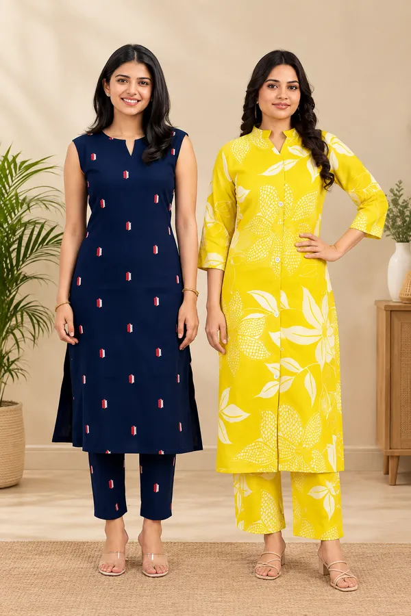 Yellow_And_Navy_Cotton_Blend_Straight_And_Sleeveless_Floral_Kurta_Set_For_Women_Pack_Of_2