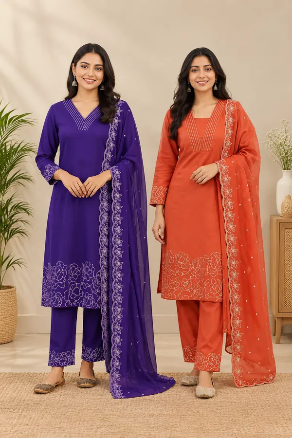 Orange_And_Purple_Chanderi_Cotton_Embroidered_Straight_Kurta_Set_For_Women_Pack_Of_2
