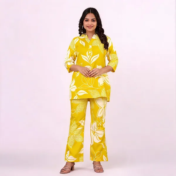 Yellow_Cotton_Blend_Straight_Floral_Kurta_Pant_Set_For_Women