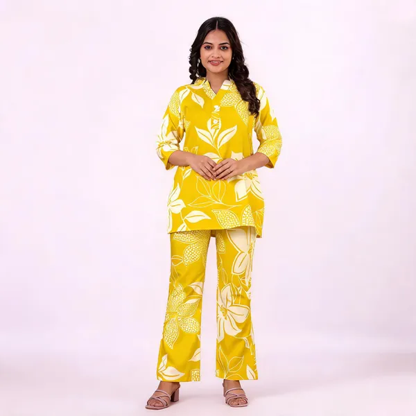 Yellow_Cotton_Blend_Straight_Floral_Kurta_Pant_Set_For_Women