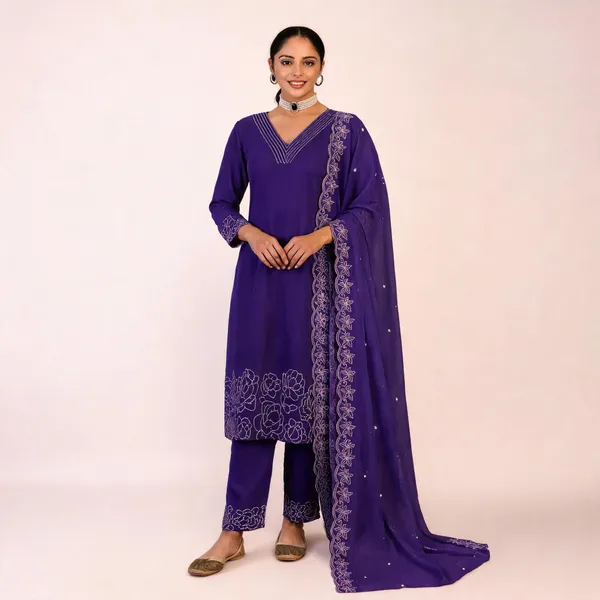 Orange_And_Purple_Chanderi_Cotton_Embroidered_Straight_Kurta_Set_For_Women_Pack_Of_2