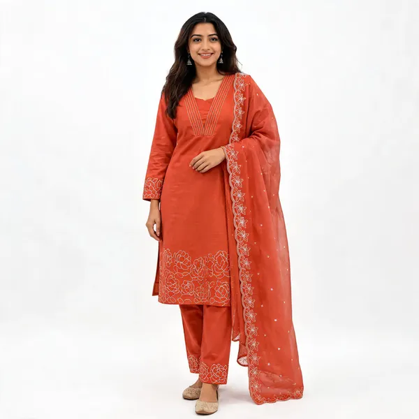 Orange_And_Purple_Chanderi_Cotton_Embroidered_Straight_Kurta_Set_For_Women_Pack_Of_2