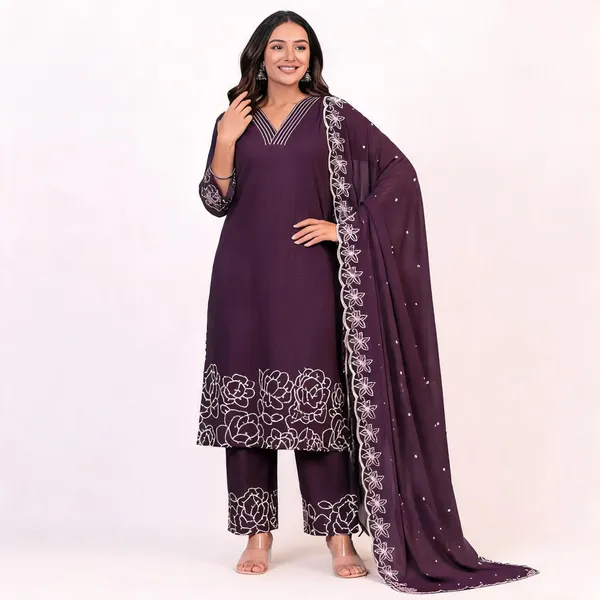 Purple_Chanderi_Cotton_Embroidered_Straight_Kurta_Pant_Set_For_Women