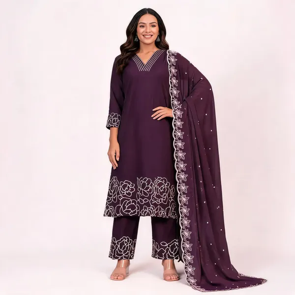 Purple_Chanderi_Cotton_Embroidered_Straight_Kurta_Pant_Set_For_Women