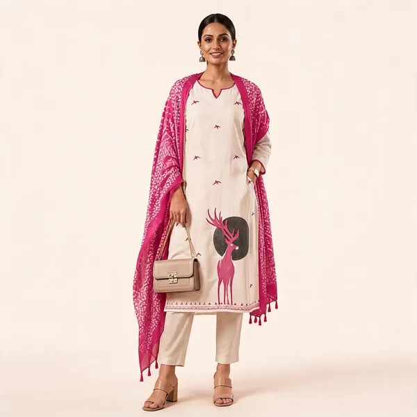 Cream_Khadi_Cotton_Printed_Straight_Kurta_Set_With_Dupatta_For_Women