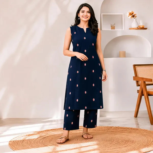 Navy_Cotton_Blend_Sleeveless_Geometric_Print_Straight_Kurta_Set_For_Women