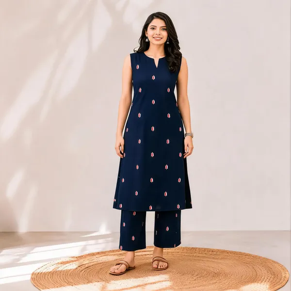 Navy_Cotton_Blend_Sleeveless_Geometric_Print_Straight_Kurta_Set_For_Women