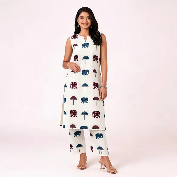 White_Cotton_Blend_Sleeveless_Printed_Kurta_Palazzo_Set_For_Women