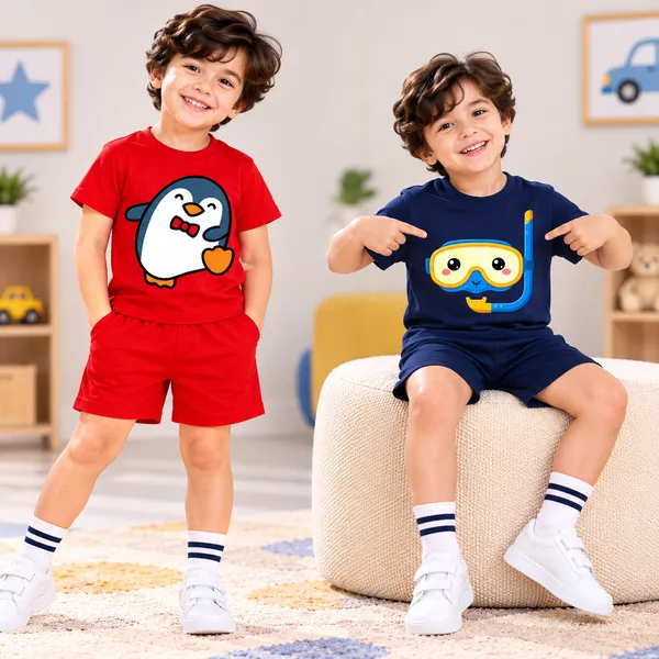 Dapper_Penguin_&_Snorkel_Buddy_|_Red_&_Deep_Blue_Co-ord_Set_Combo_(Pack_of_2)