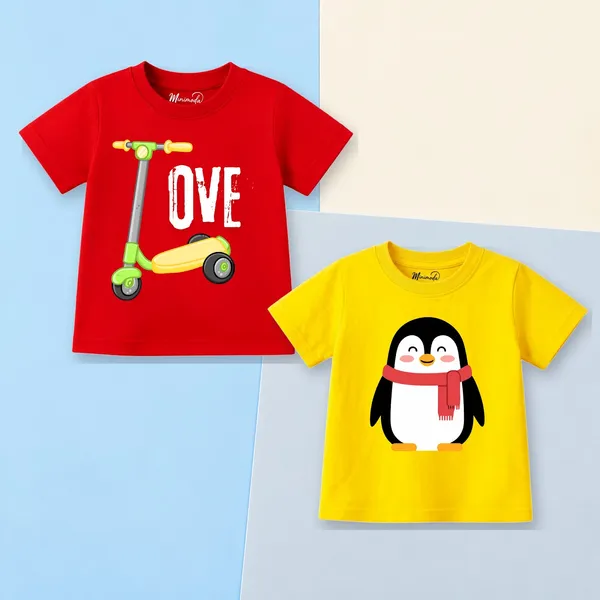 Love_Scooter_&_Scarf_Penguin_|_Red_&_Yellow_Cotton_T-Shirt_Combo_for_Boys_&_Girls_(Pack_of_2)