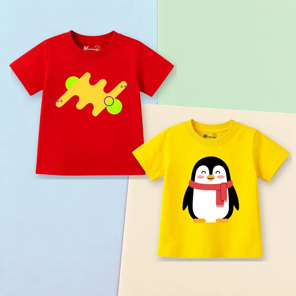 Abstract_Zigzag_&_Scarf_Penguin_|_Red_&_Yellow_Cotton_T-Shirt_Combo_for_Boys_&_Girls_(Pack_of_2)
