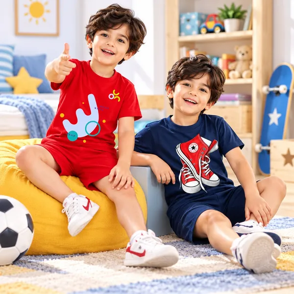 Abstract_Hook_&_Red_Sneakers_|_Red_&_Deep_Blue_Cotton_Co-ord_Set_Combo_for_Boys_(Pack_of_2)