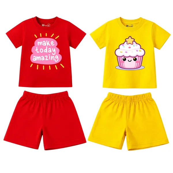 Make_Today_Amazing_&_Star_Cupcake_|_Red_&_Yellow_Cotton_Co-ord_Set_Combo_for_Girls_(Pack_of_2)