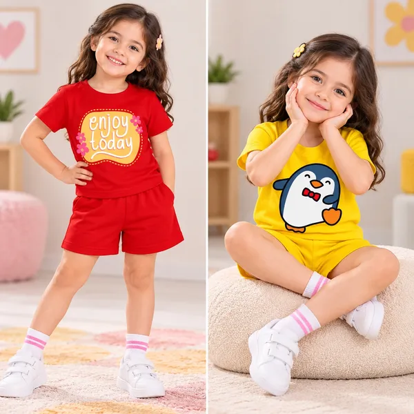 Enjoy_Today_&_Dapper_Penguin_|_Red_&_Yellow_Cotton_Co-ord_Set_Combo_for_Girls_(Pack_of_2)