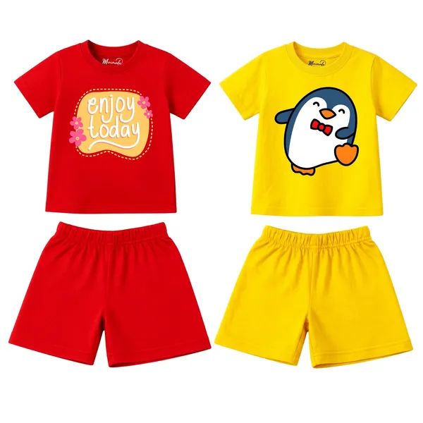 Enjoy_Today_&_Dapper_Penguin_|_Red_&_Yellow_Cotton_Co-ord_Set_Combo_for_Girls_(Pack_of_2)